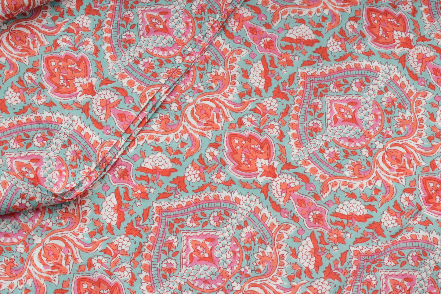 Cyan Blue and Pink Screen Print Floral Fabric