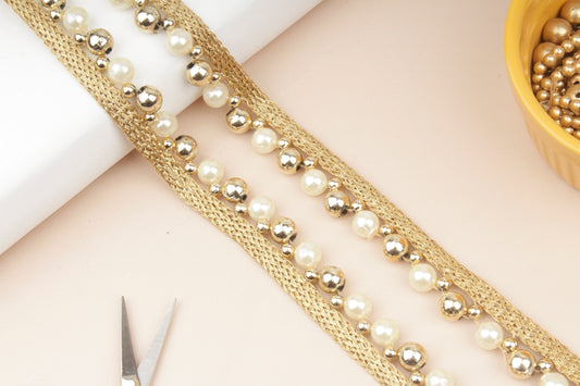 Gold and Off-White Beaded Trim for Curtains (9 Mtrs)