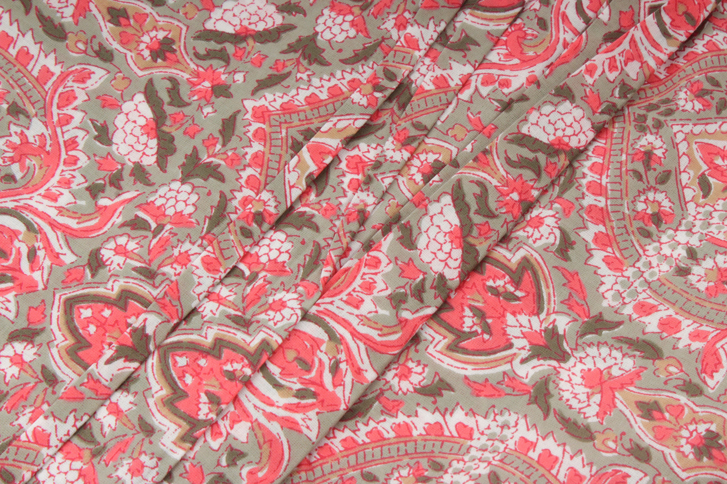 Sage Green and Pink Screen Print Cotton Fabric
