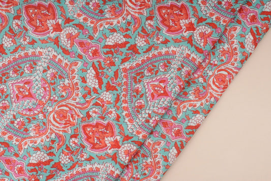 Cyan Blue and Pink Screen Print Floral Fabric