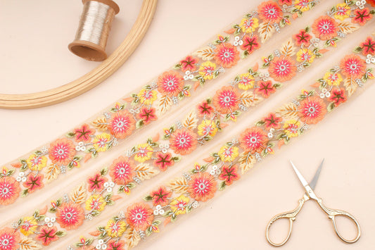 Beige Embroidered Floral Trim with Sequins (9 Mtrs)