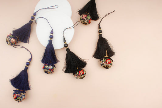 Set of 2 Embroidered Silky Tassels in Blue, Black