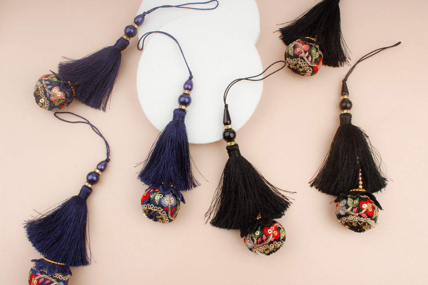 Set of 6 Embroidered Silky Tassels in Blue, Black