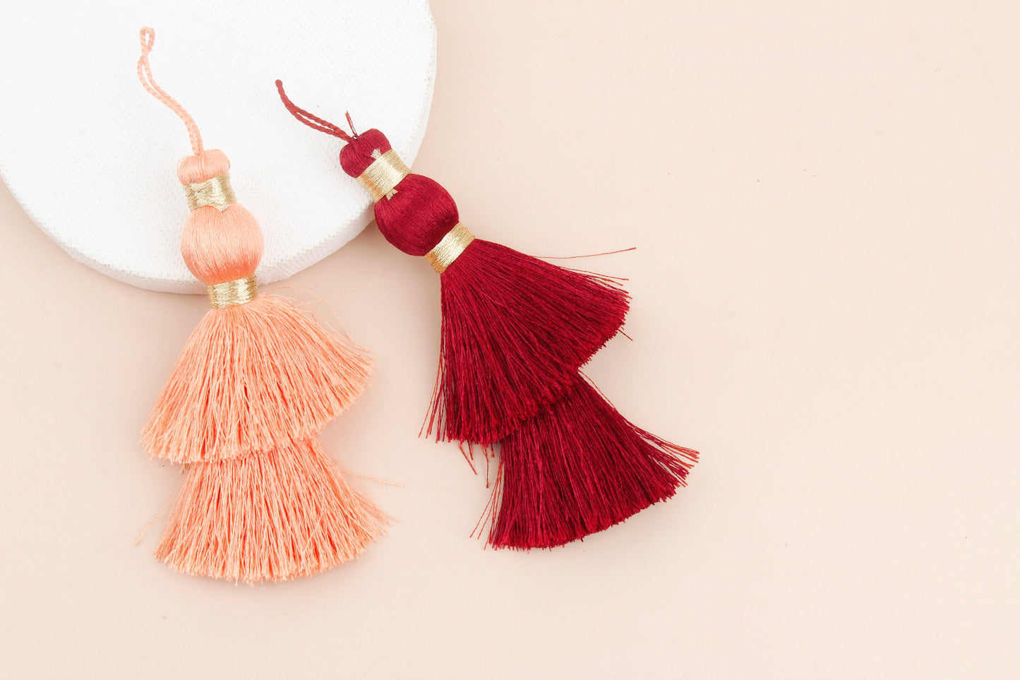 Set of 2 Crimson Red / Peach Silky Tassels for Curtains