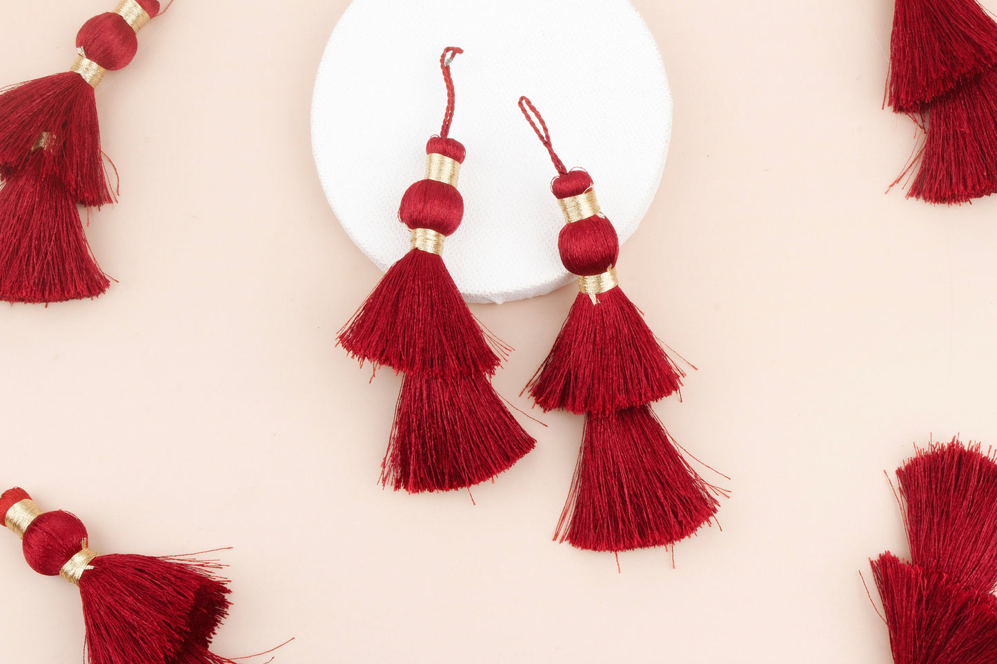 Set of 2 Crimson Red / Peach Silky Tassels for Curtains