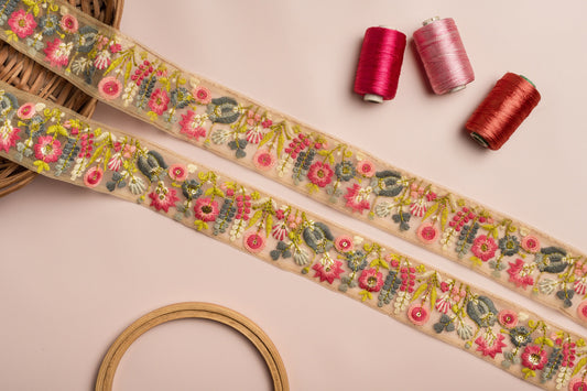 Beige Embroidered Floral Net Trim (1 Mtr)
