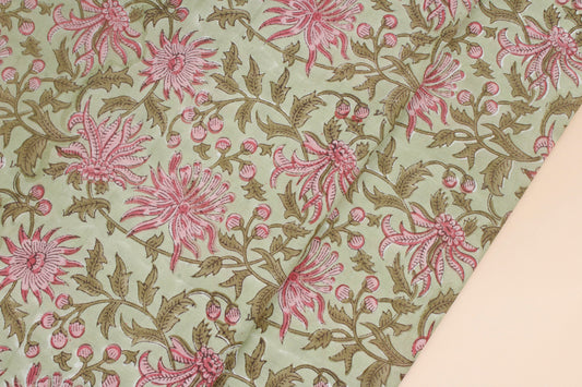 Green Floral Jaal Hand Block Print Fabric
