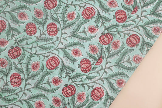 Mint Green Floral Jaal Block Print Fabric
