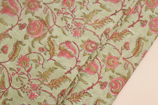 Green and Pink Floral Jaal Block Print Fabric