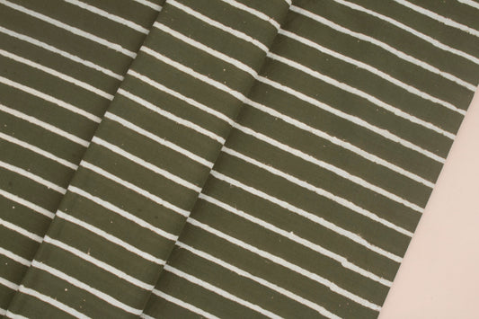 Olive Green Hand Block Print Striped Cotton Fabric