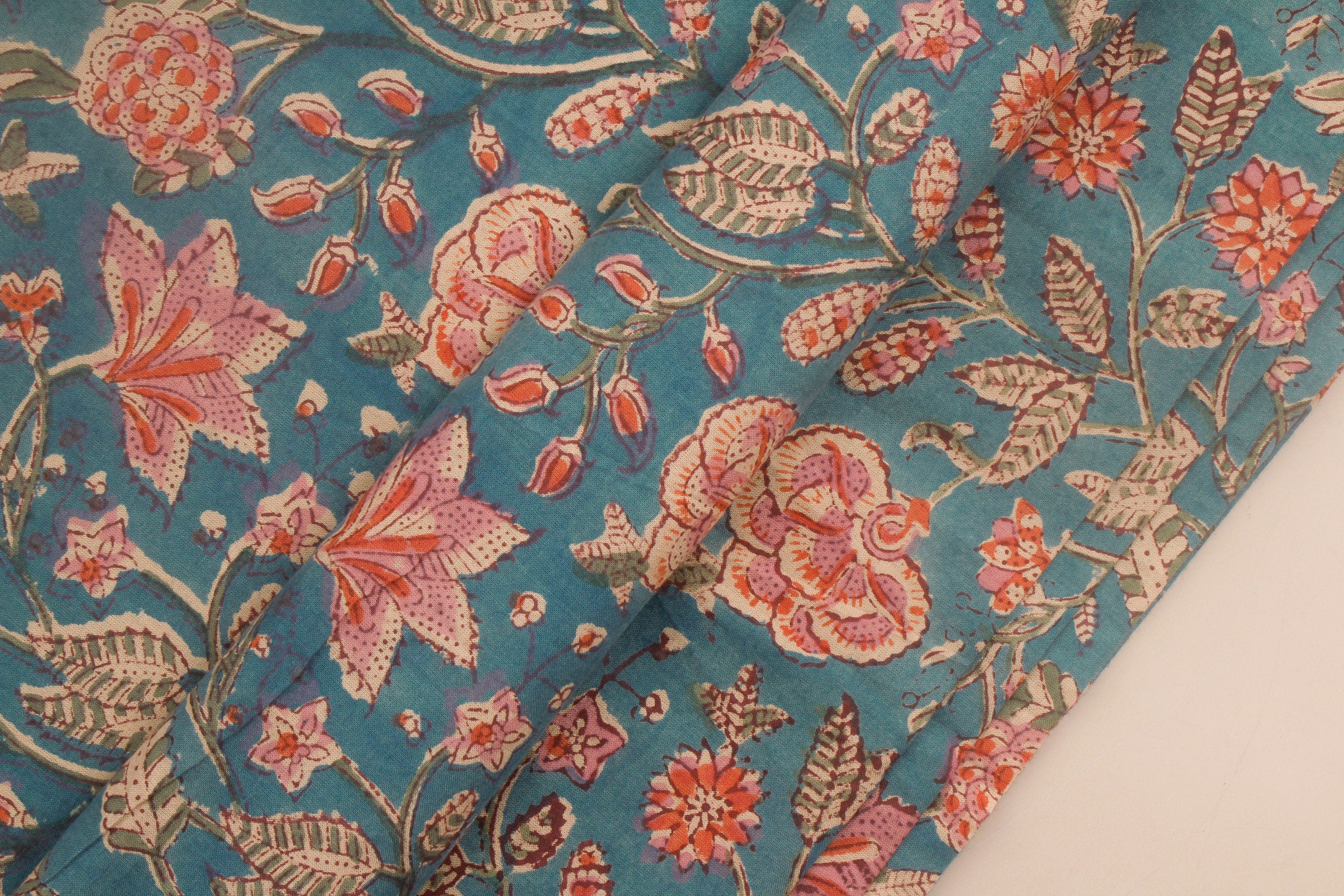 Teal Green and Pink Jaal Hand Block Print Fabric
