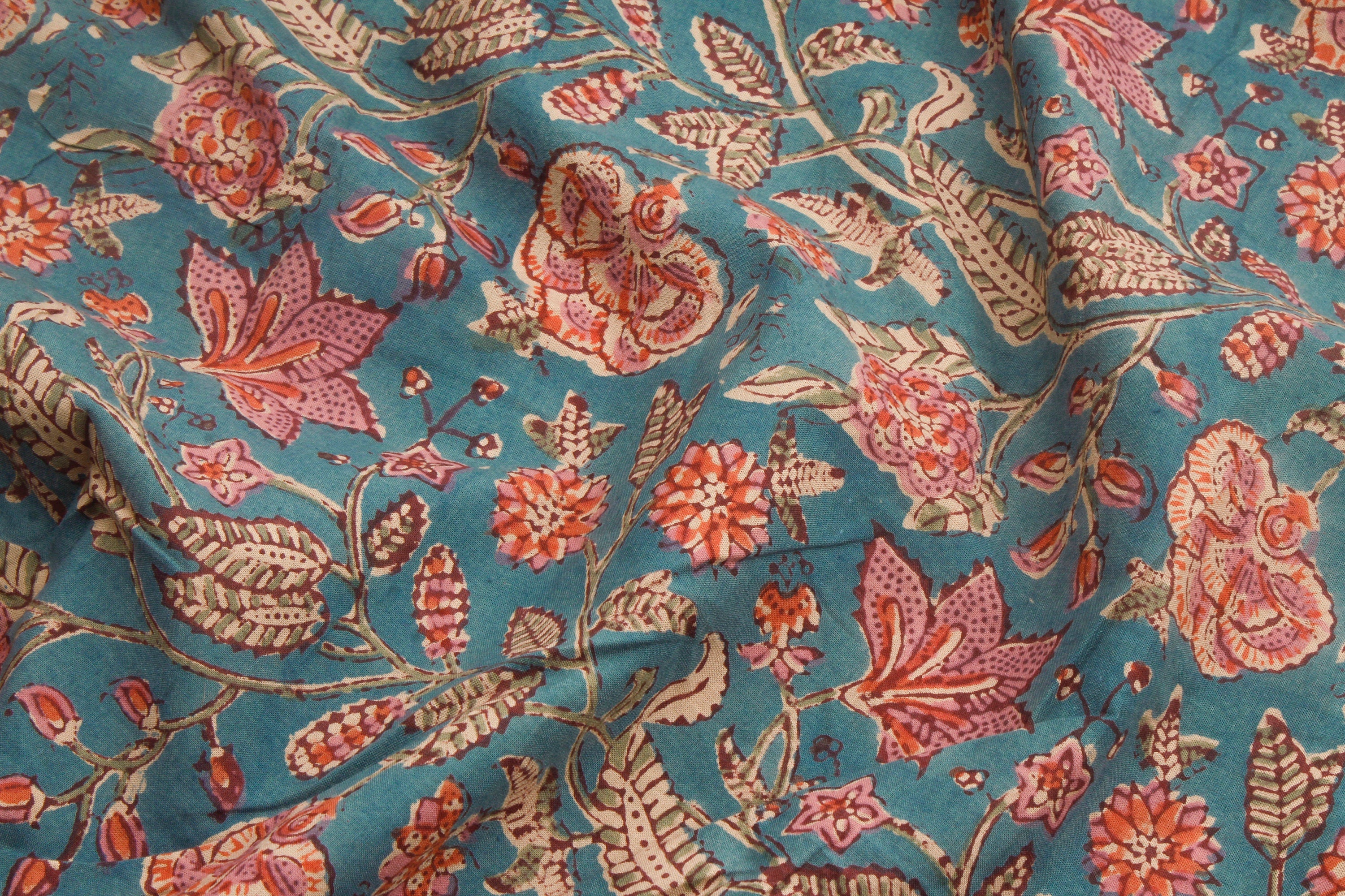 Teal Green and Pink Jaal Hand Block Print Fabric
