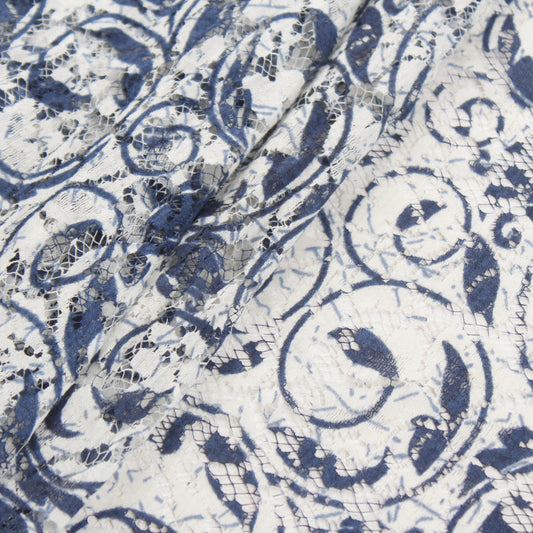 White and Blue Floral Lace Fabric (1 Mtr)