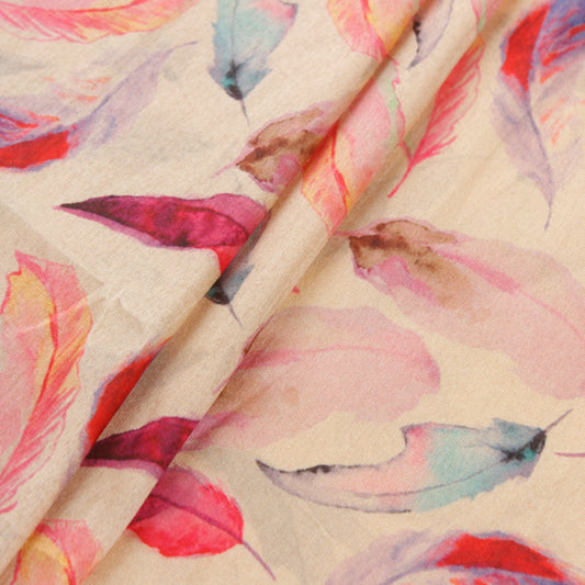 Beige Feather Print Art Silk Fabric (1 Mtr)