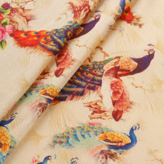 Beige Peacock Print Art Silk Fabric (1 Mtr)