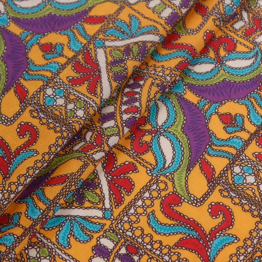 Mustard Yellow Whimsical Print Muslin Silk Fabric (1 Mtr)