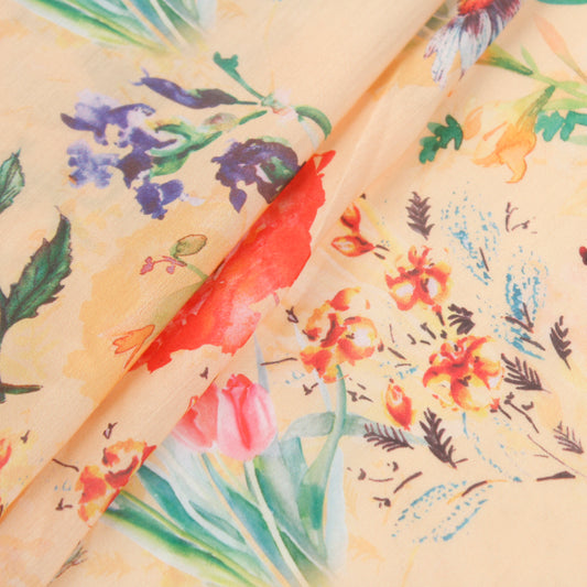 Pale Yellow Muslin Silk Fabric with Tropical Floral Print (1 Mtr)