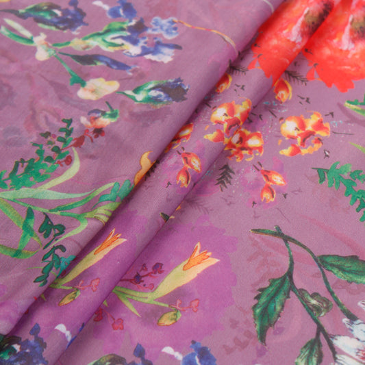 Mauve Tropical Print Muslin Silk Fabric