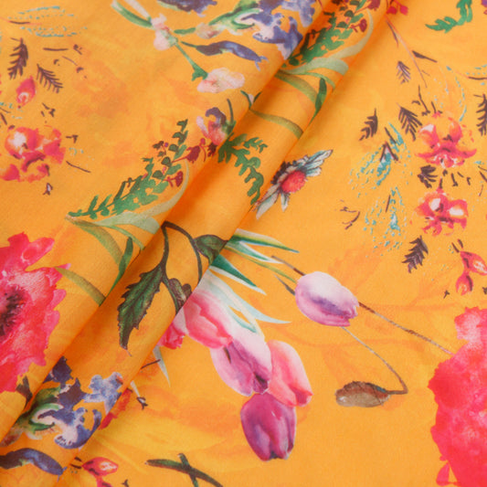 Marigold Yellow Muslin Silk Fabric with Tropical Floral Print (1 Mtr)