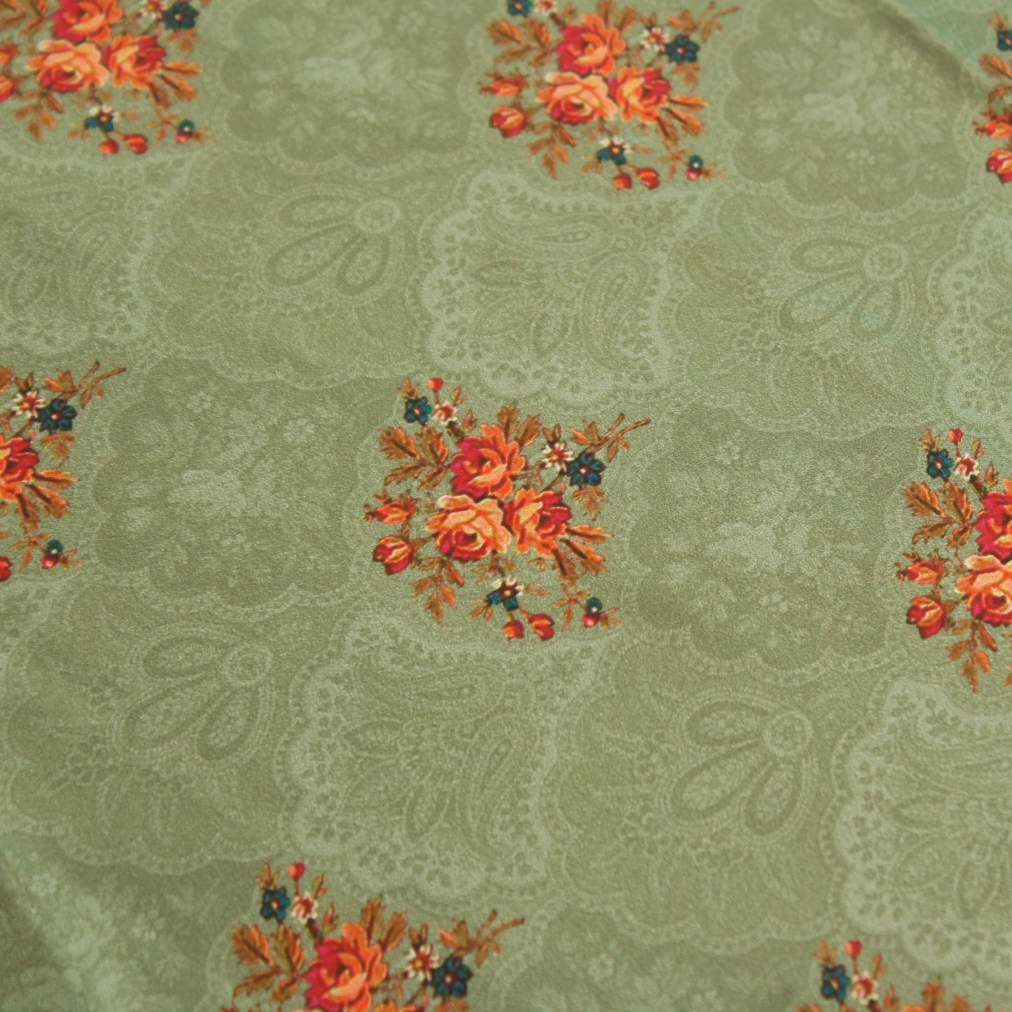 Green Floral Satin Fabric (1 Mtr)