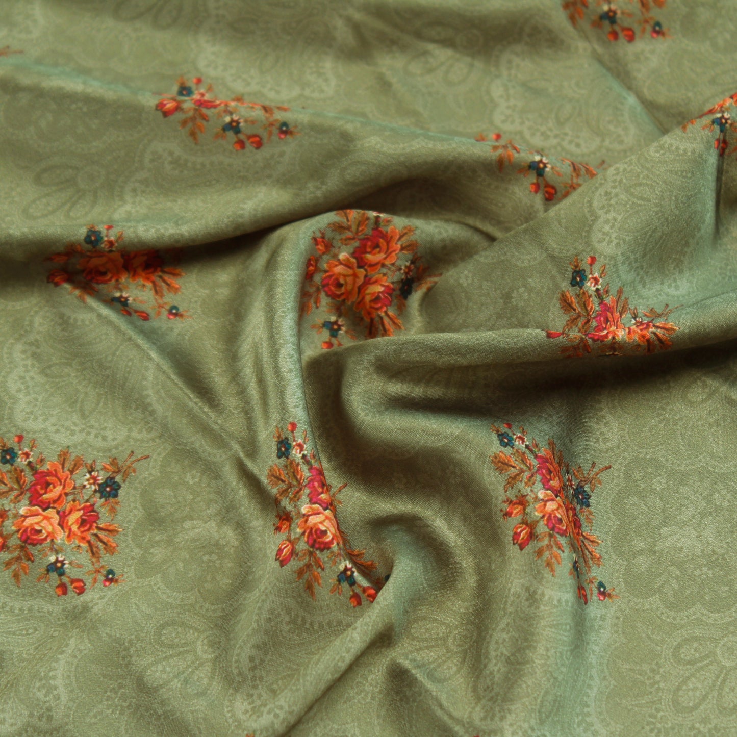 Green Floral Satin Fabric (1 Mtr)