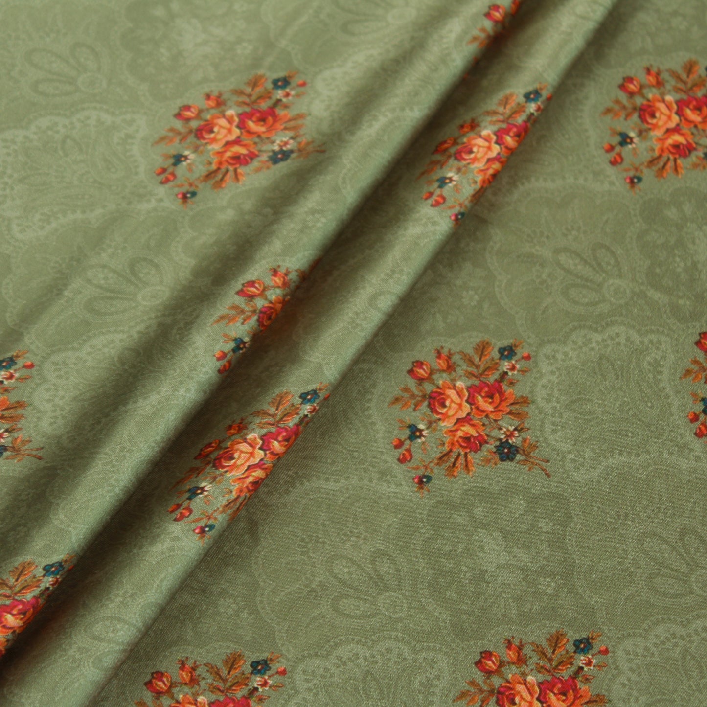 Green Floral Satin Fabric (1 Mtr)