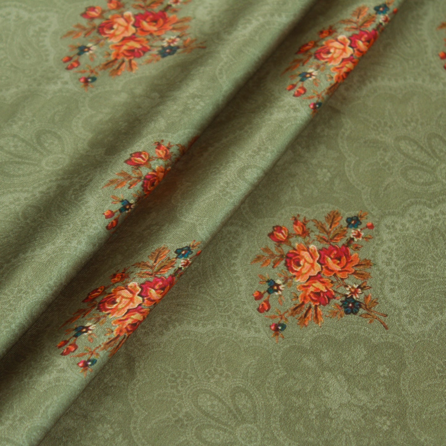 Green Floral Satin Fabric (1 Mtr)