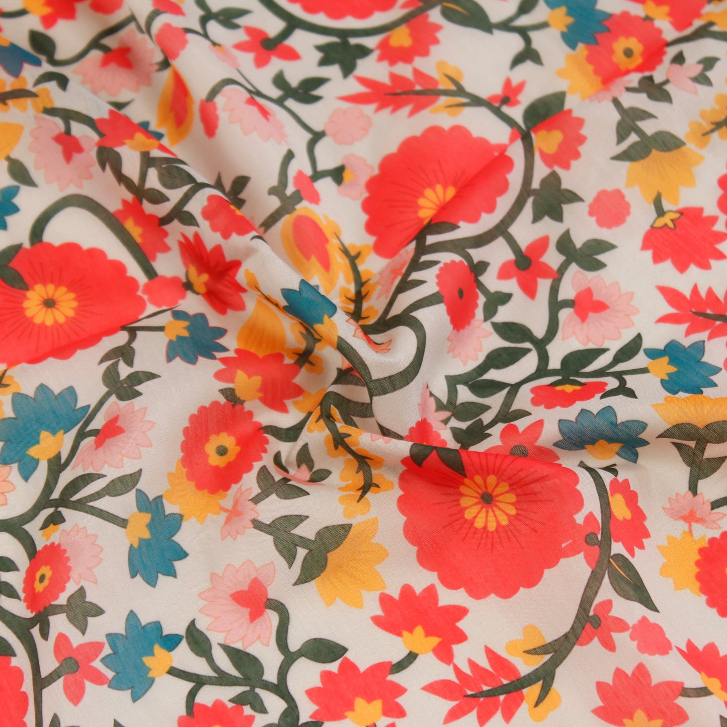 Off-White Muslin Silk Fabric with Floral Print (1 Mtr)