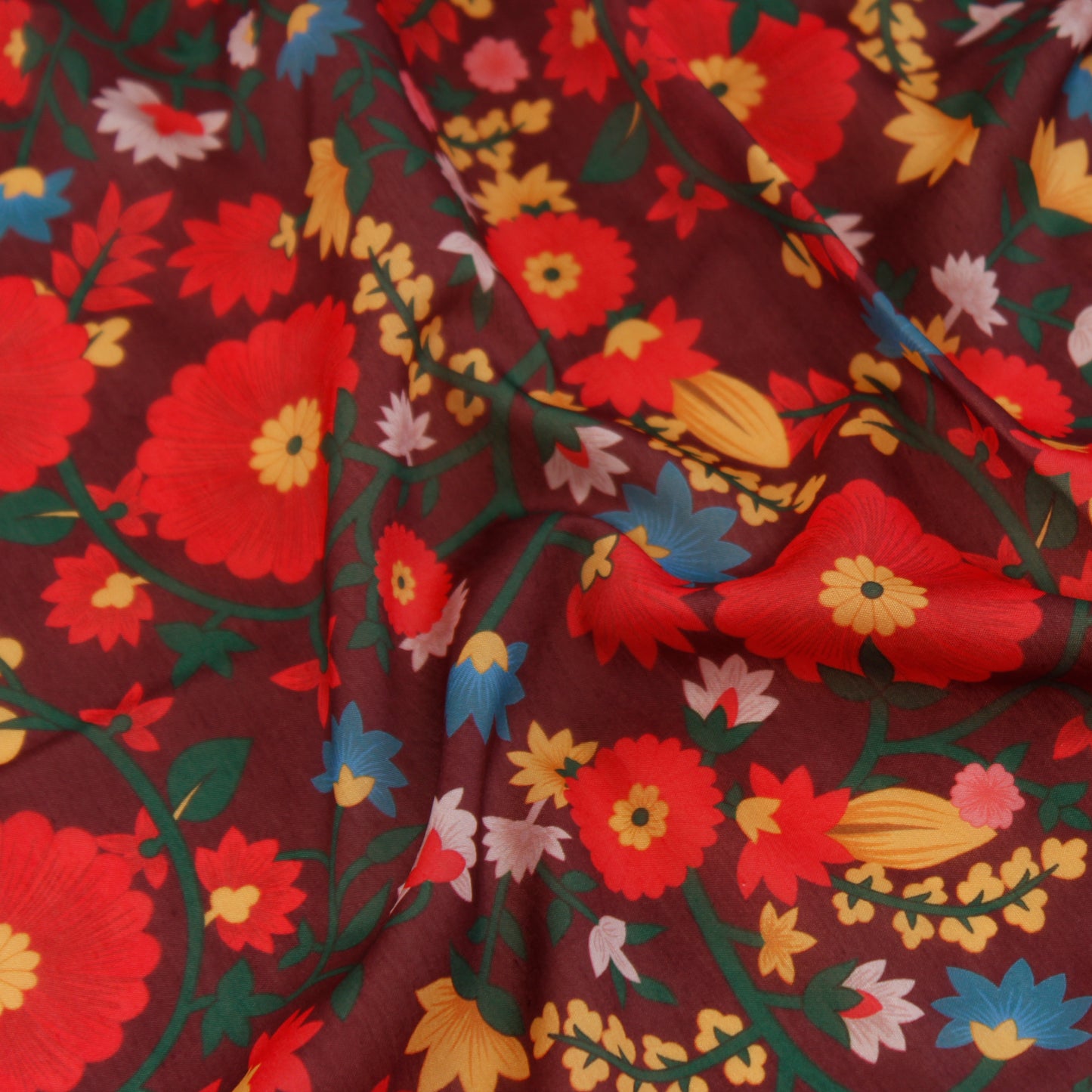 Brown Muslin Silk Fabric with Tropical Floral Print (1 Mtr)