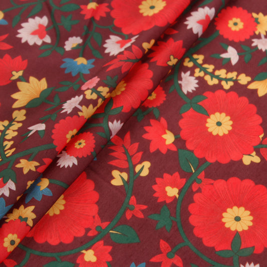 Brown Muslin Silk Fabric with Tropical Floral Print (1 Mtr)