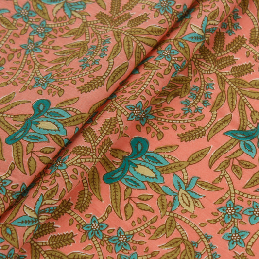 Coral Pink and Blue Floral Fabric (1 Mtr)