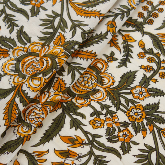 Off-White Floral Print Cotton Fabric (1 Mtr)