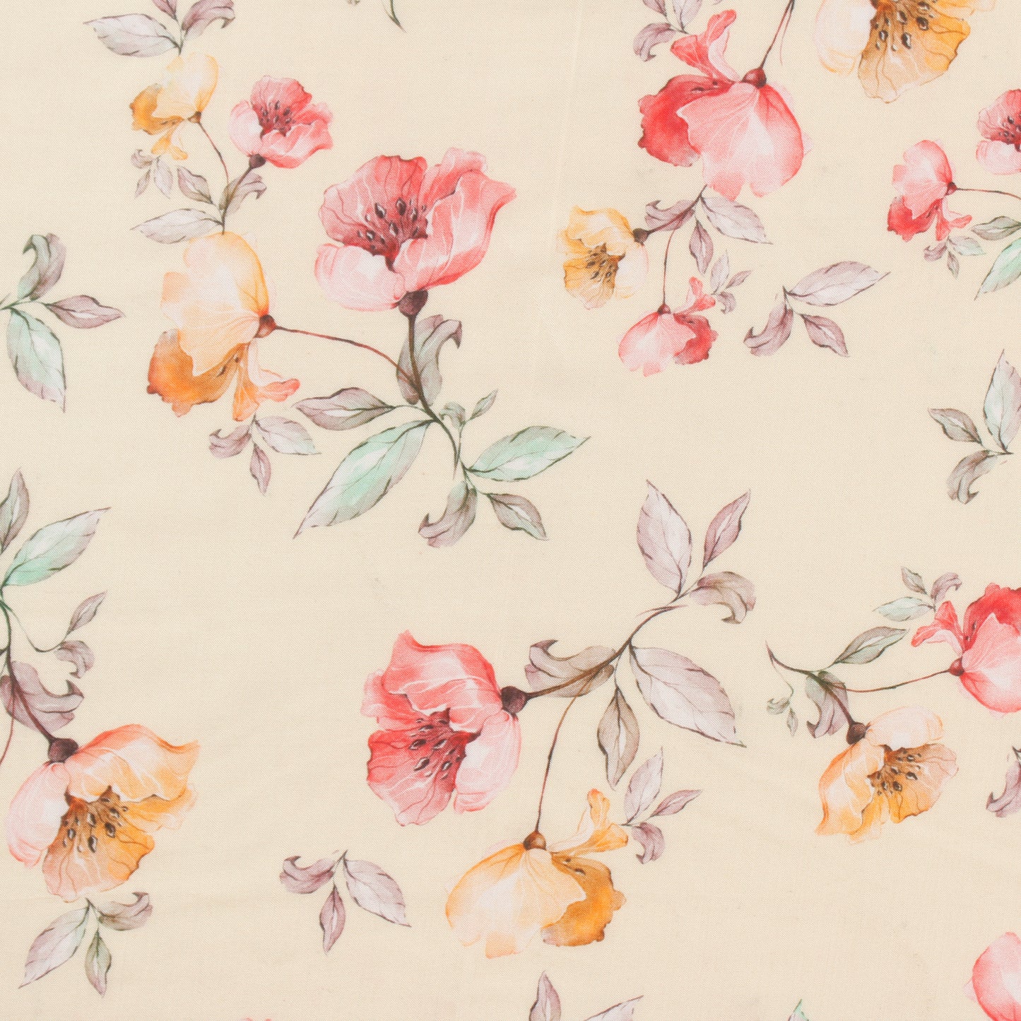 Beige Floral Mul Silk Fabric (1 Mtr)