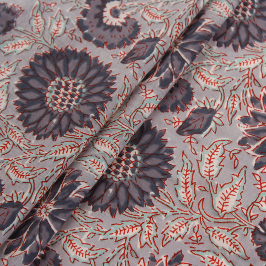 Grey Floral Block Print Fabric (1 Mtr)