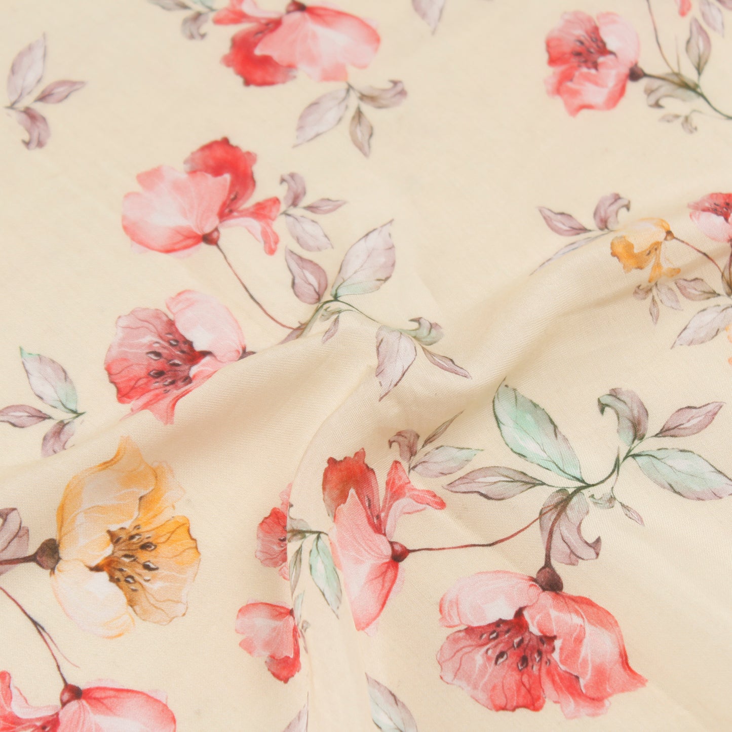 Beige Floral Mul Silk Fabric (1 Mtr)