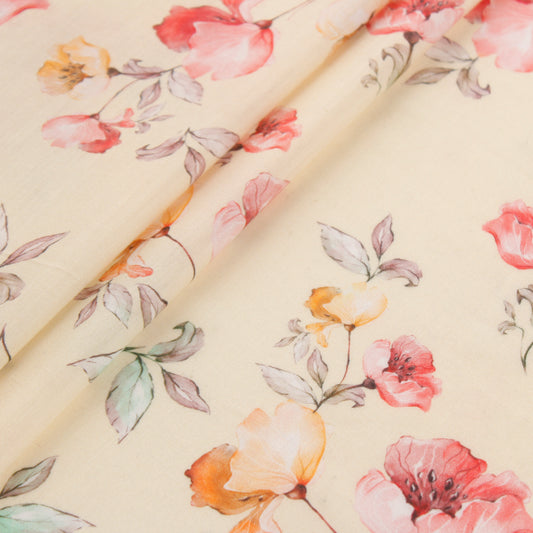 Beige Floral Mul Silk Fabric (1 Mtr)