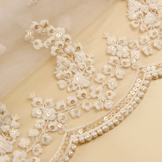 White Embroidered Net Fabric with Pearls (1 Mtr)