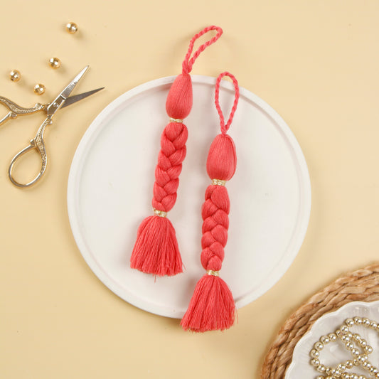 Set of 4- Coral Pink Cotton Braided Tassels