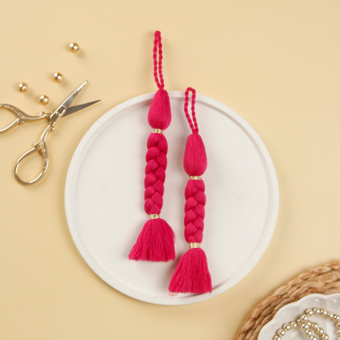 Set of 4- Pink Cotton Braided Tassels