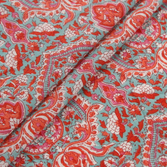 Cyan Blue and Pink Screen Print Floral Fabric