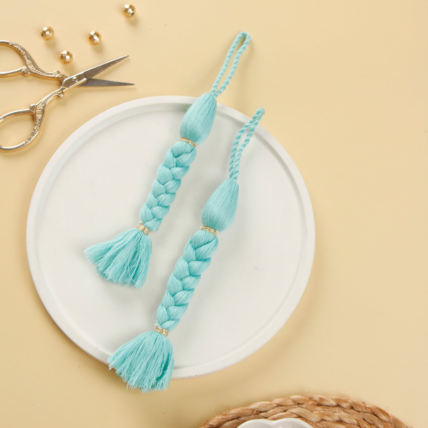 Set of 4- Mint Blue Cotton Braided Tassels