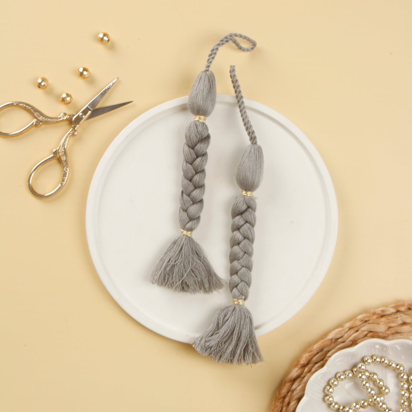 Set of 4- Grey Braided Cotton Tassels