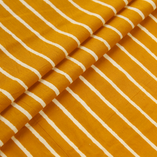 Mustard Yellow Hand Block Print Striped Cotton Fabric (1 Mtr)