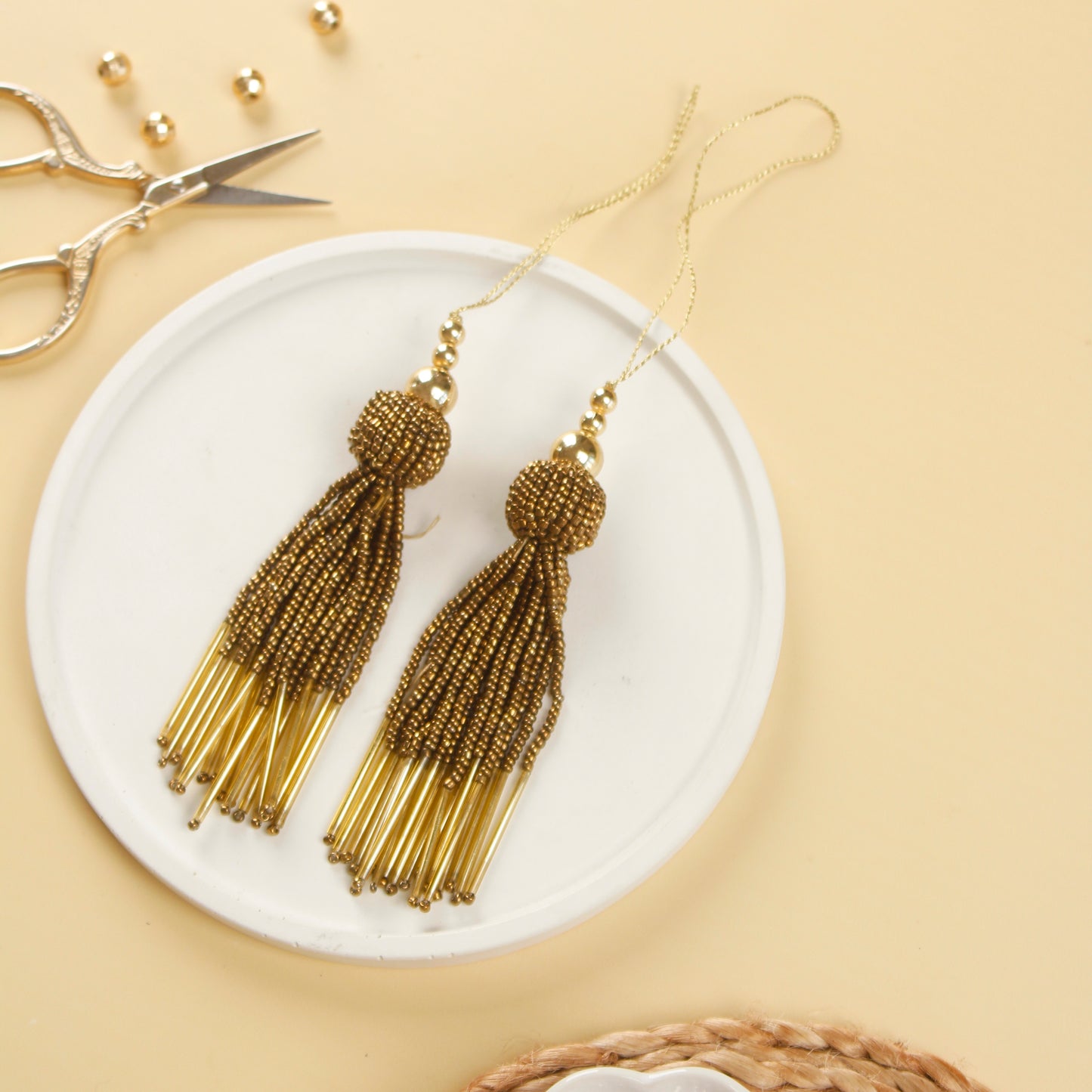 Set of 5 Antique Gold Beaded Tassels