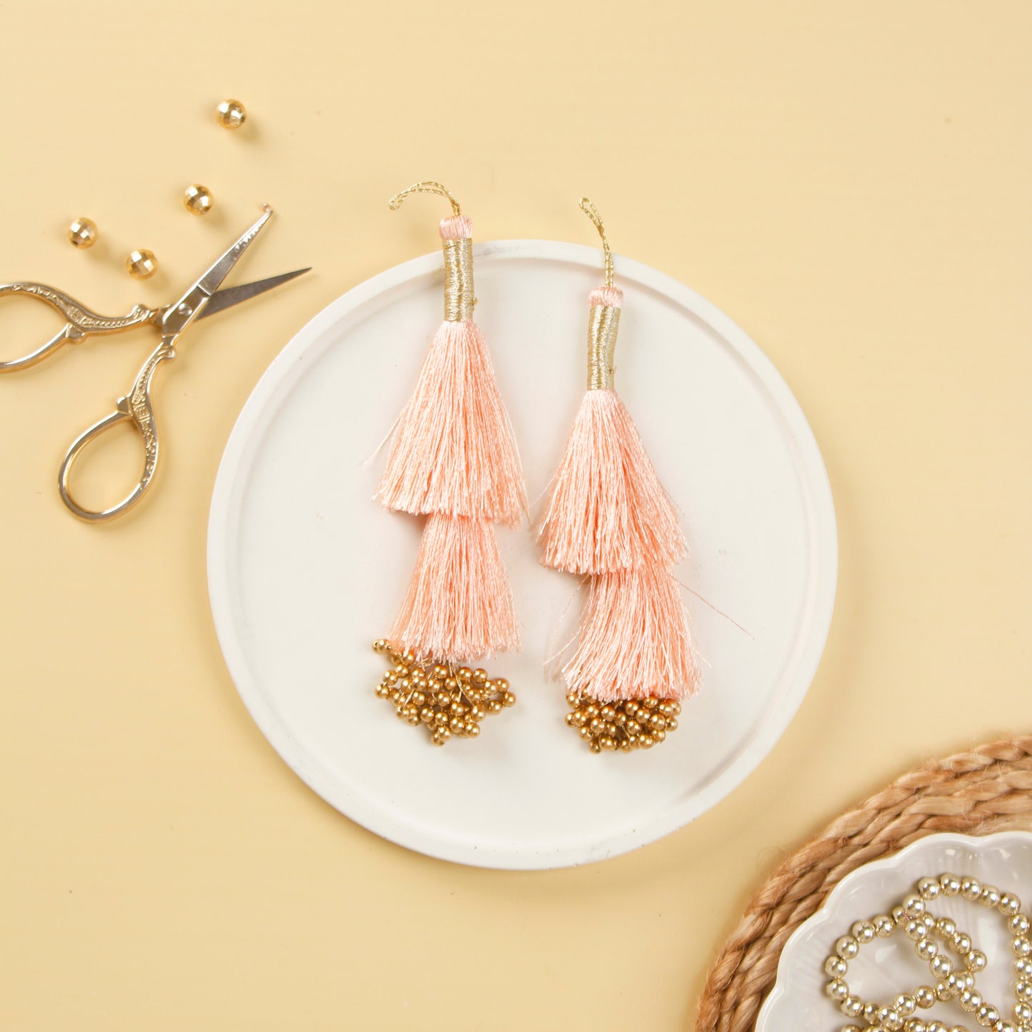 Set of 6- Peach Beaded Silky Tassels