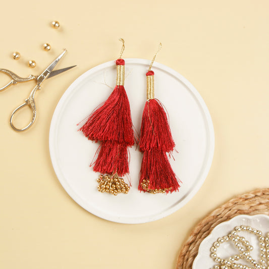 Set of 6- Crimson Red Beaded Silky Tassels