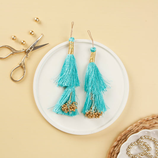 Set of 6- Mint Blue Beaded Silky Tassels