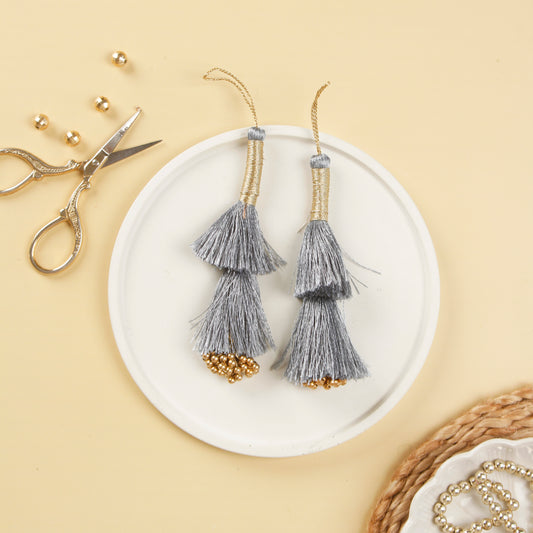 Set of 6- Grey Beaded Silky Tassels