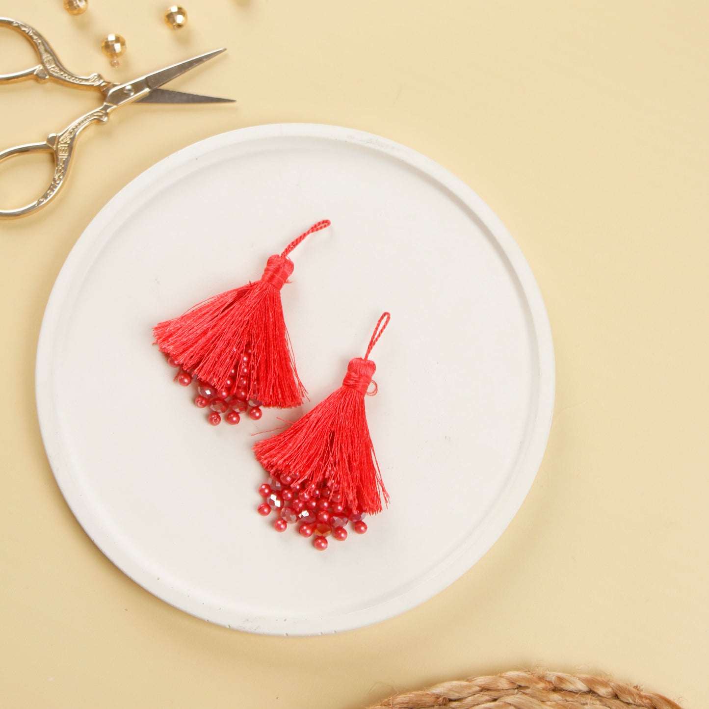 Set of 6- Coral Pink Beaded Silky Tassels