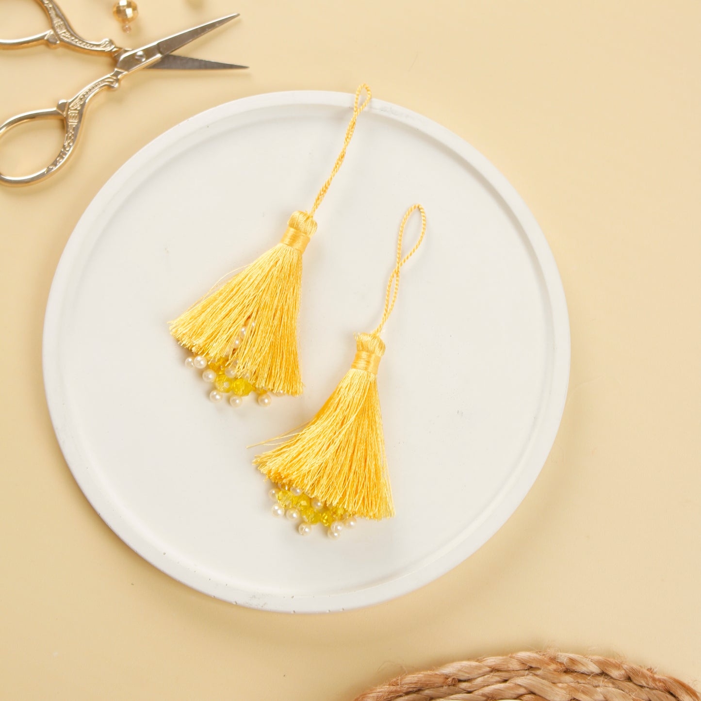 Set of 6- Yellow Beaded Silky Tassels